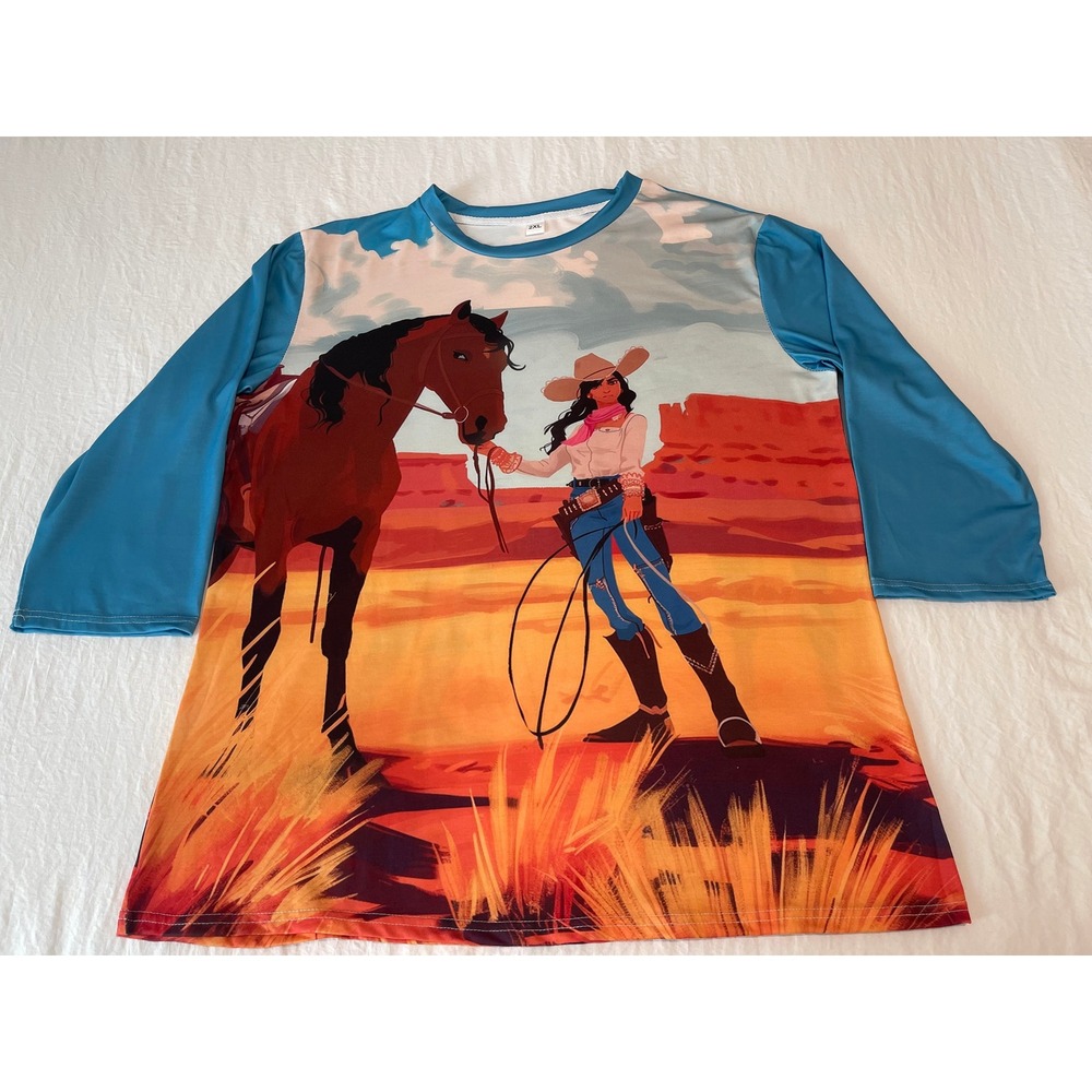 00677 Womens 2XL GraphicTShirt 3/4 Sleeve Cowgirl Horse Western Desert Landscape - Picture 6 of 7